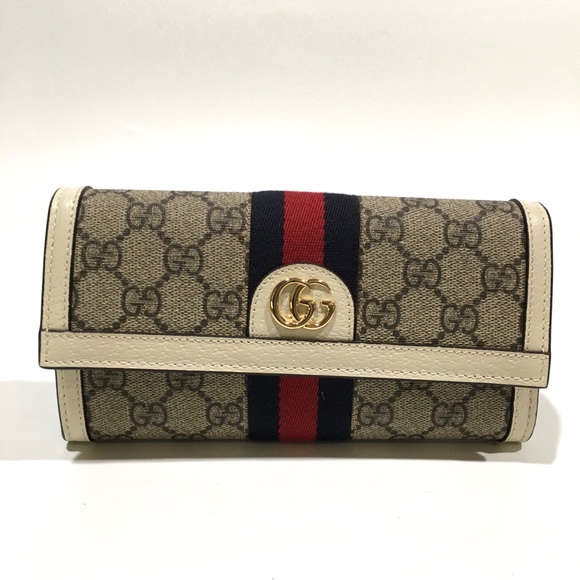 GUCCI GG SUPREME WEB SNAP FLAP OPHIDIA WALET -BEIGE LEATHER / CANVAS -NEW - Picture 2 of 10